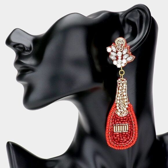 Champagne Bottle Red Seed Bead Earrings - Picture 1 of 6